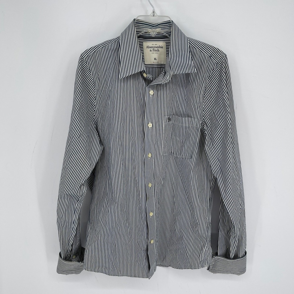 Abercrombie & Fitch Men's Navy Blue Striped Muscle Fit Button Up Shirt Size XL